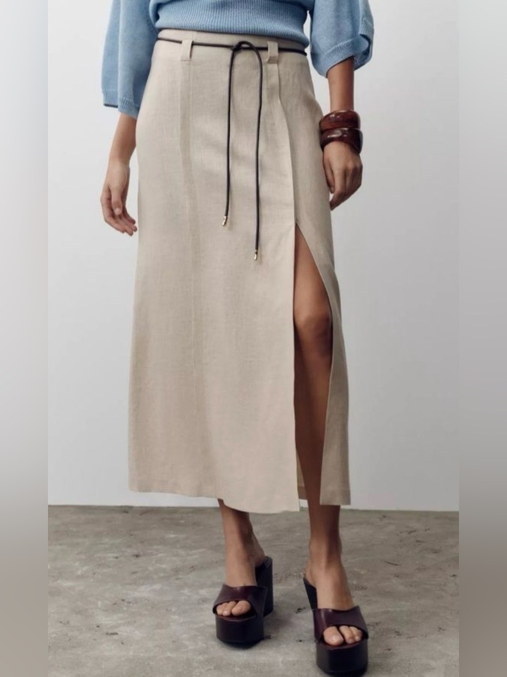 Zara Beige Midi Skirt with High Side Slit